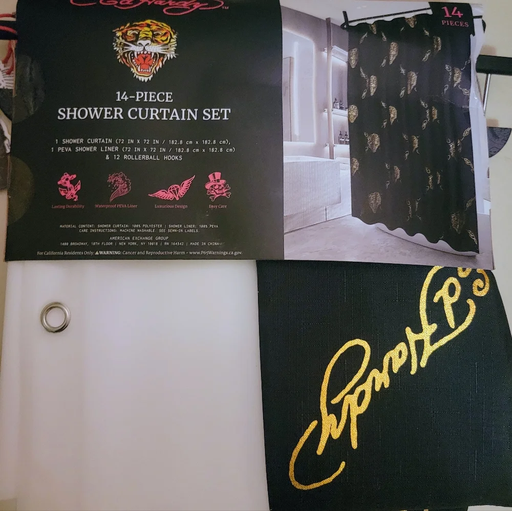 Ed Hardy Gold and Black Shower Curtain Set New With Tags Black gold